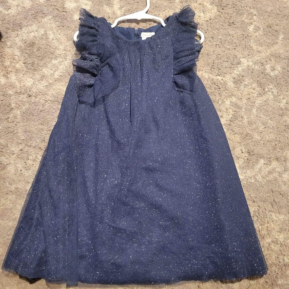 Tahari Girls Dress Size 5 Navy Blue Sparkle Ruffle Sleeveless Party